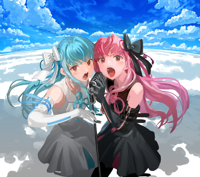 2girls arm_belt bare_shoulders black_bow black_collar black_dress black_gloves blue_hair bob_(biyonbiyon) bow cloud cloudy_sky collar collared_dress commentary cowboy_shot dress elbow_gloves fisheye gloves hair_bow highres holding holding_microphone kotonoha_akane kotonoha_aoi long_hair looking_at_viewer microphone microphone_stand multiple_girls music open_mouth outdoors pink_hair red_eyes ribbon singing sky sleeveless sleeveless_dress standing synthesizer_v voiceroid white_bow white_collar white_dress white_gloves