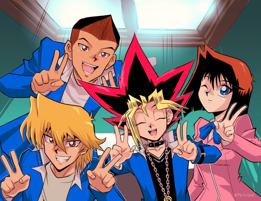 1girl 3boys artist_name bangs black_hair blonde_hair blue_eyes blue_jacket blue_ribbon brown_eyes brown_hair chain clenched_teeth closed_mouth collar commentary double_v english_commentary grin hair_between_eyes highres honda_hiroto indoors jacket jounouchi_katsuya long_sleeves mazaki_anzu multiple_boys mutou_yuugi neck_ribbon one_eye_closed open_clothes open_jacket open_mouth phil_vzq pink_jacket pose ribbon shirt smile spiked_hair teeth tongue upper_teeth v watermark white_shirt yu-gi-oh! yu-gi-oh!_duel_monsters