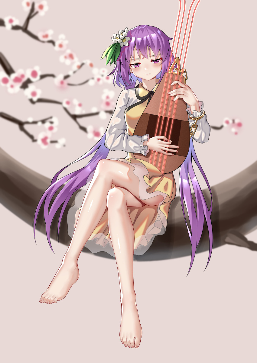 1girl absurdres ailu_elf bangs barefoot blurry blurry_background blush branch breasts chain cherry_blossoms daisy dress flower full_body hair_flower hair_ornament hand_up highres holding holding_instrument instrument long_hair looking_at_viewer medium_breasts outdoors pink_background purple_eyes purple_hair simple_background sitting solo toes touhou tsukumo_benben very_long_hair white_dress white_flower