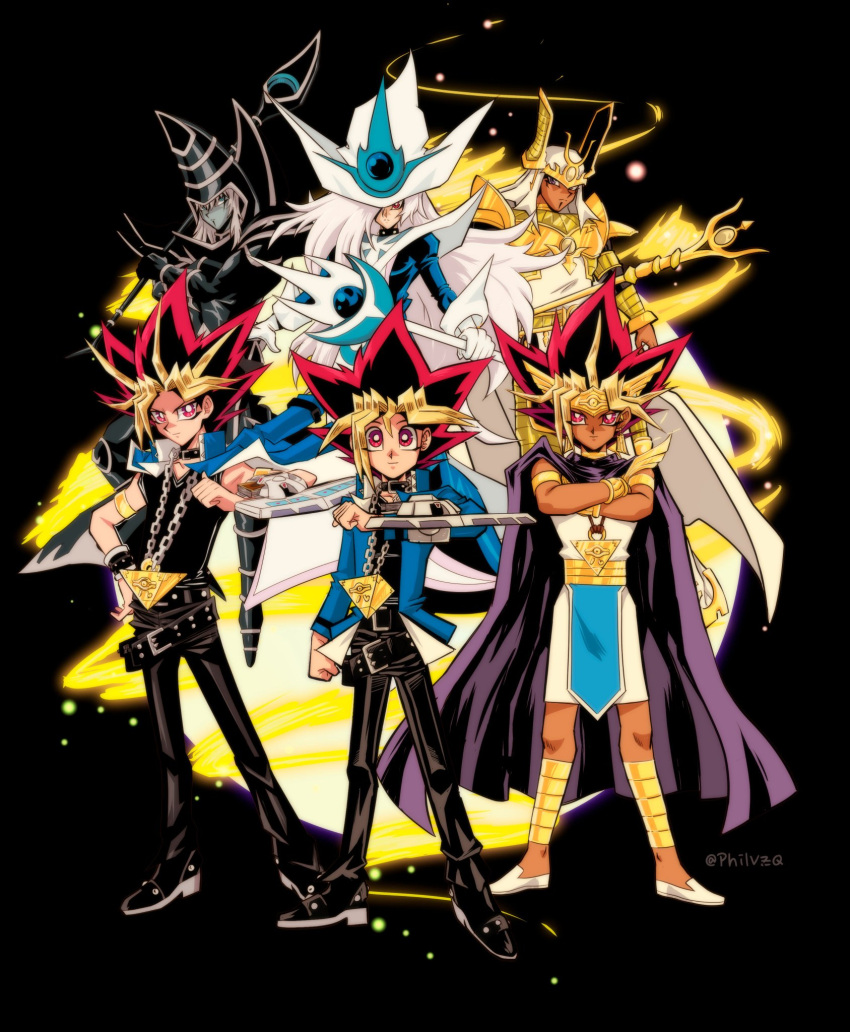 arm_at_side armlet atem belt black_footwear black_hair black_pants black_shirt blonde_hair blue_jacket cape chain character_request clenched_hand closed_mouth crossed_arms dark_magician dark_skin dark_skinned_male duel_disk duel_monster flats gender_request hand_up highres jacket jewelry knees long_sleeves looking_at_viewer millennium_puzzle mutou_yuugi open_clothes open_jacket pants phil_vzq purple_cape shirt shoes spiked_hair white_footwear yami_yuugi yu-gi-oh! yu-gi-oh!_duel_monsters