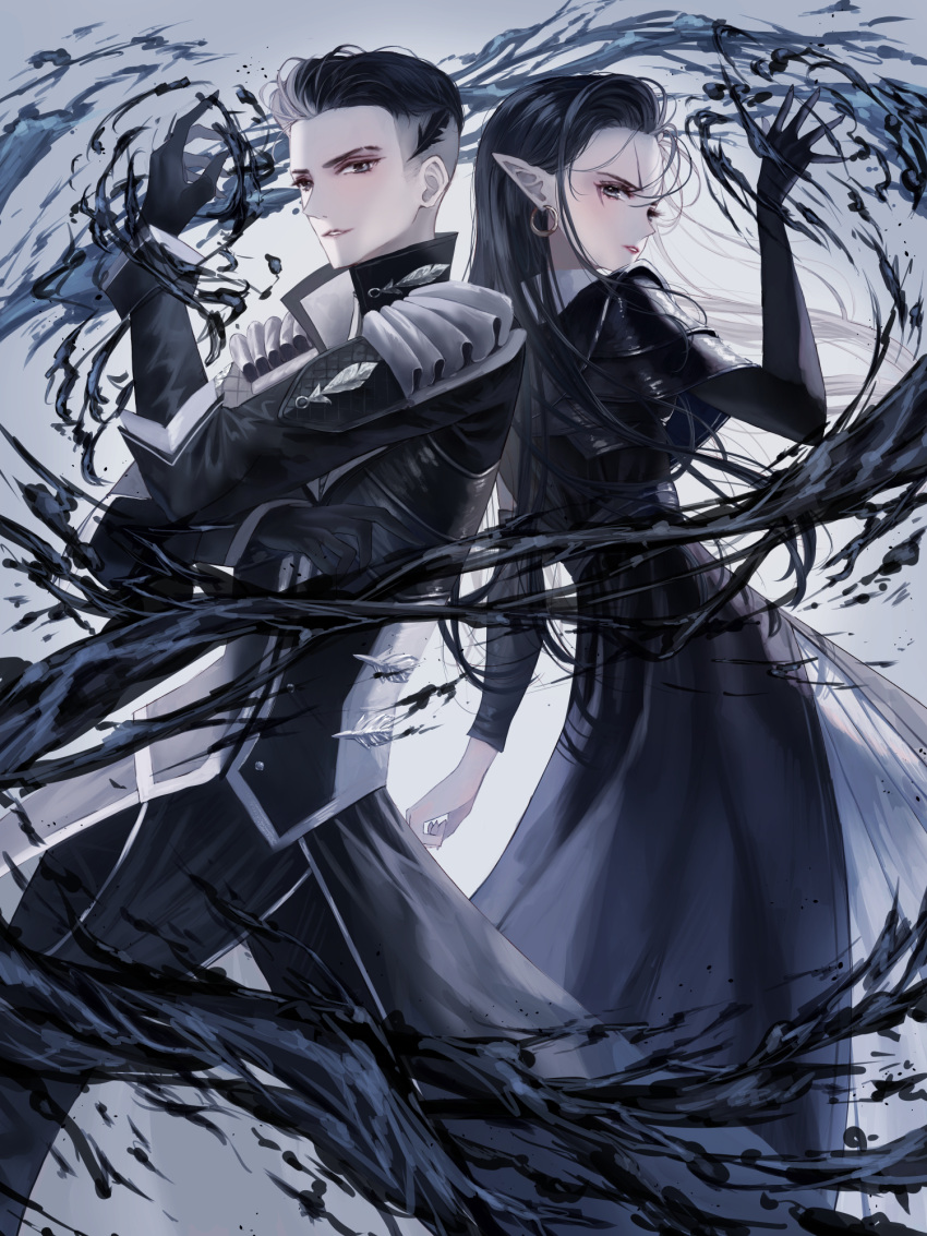 1boy 1girl black_dress black_gloves black_hair black_jacket black_pants character_request commentary_request dress earrings elbow_gloves forehead gloves grey_eyes hand_up highres hoop_earrings jacket jewelry korean_commentary long_hair magic:_the_gathering official_art pants parted_lips pointy_ears purple_lips single_glove smile standing tandohark very_long_hair