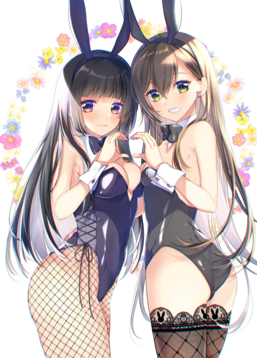 2girls :d animal_ears armpits ass asymmetrical_docking bang_dream! bangs bare_shoulders black_hair black_legwear black_leotard black_neckwear blue_leotard blue_nails blunt_bangs blush bow bowtie breast_press breasts bunny_earrings bunny_ears butt_crack cleavage closed_mouth commentary_request commission covered_navel cowboy_shot detached_collar earrings embarrassed eyebrows_visible_through_hair fake_animal_ears fishnet_legwear fishnets floral_background flower green_eyes hair_between_eyes hairband hanazono_tae hand_on_another's_hip heart heart_hands heart_hands_duo highleg highleg_leotard highres hug jewelry lace-trimmed_legwear lace_trim leotard long_hair looking_at_viewer medium_breasts multiple_girls nail_polish open_mouth pixiv_request playboy_bunny purple_eyes purple_nails shirokane_rinko side-tie_leotard sidelocks sleeveless small_breasts smile standing strapless strapless_leotard thighhighs tsurugi_hikaru very_long_hair waist_hug white_background wrist_cuffs