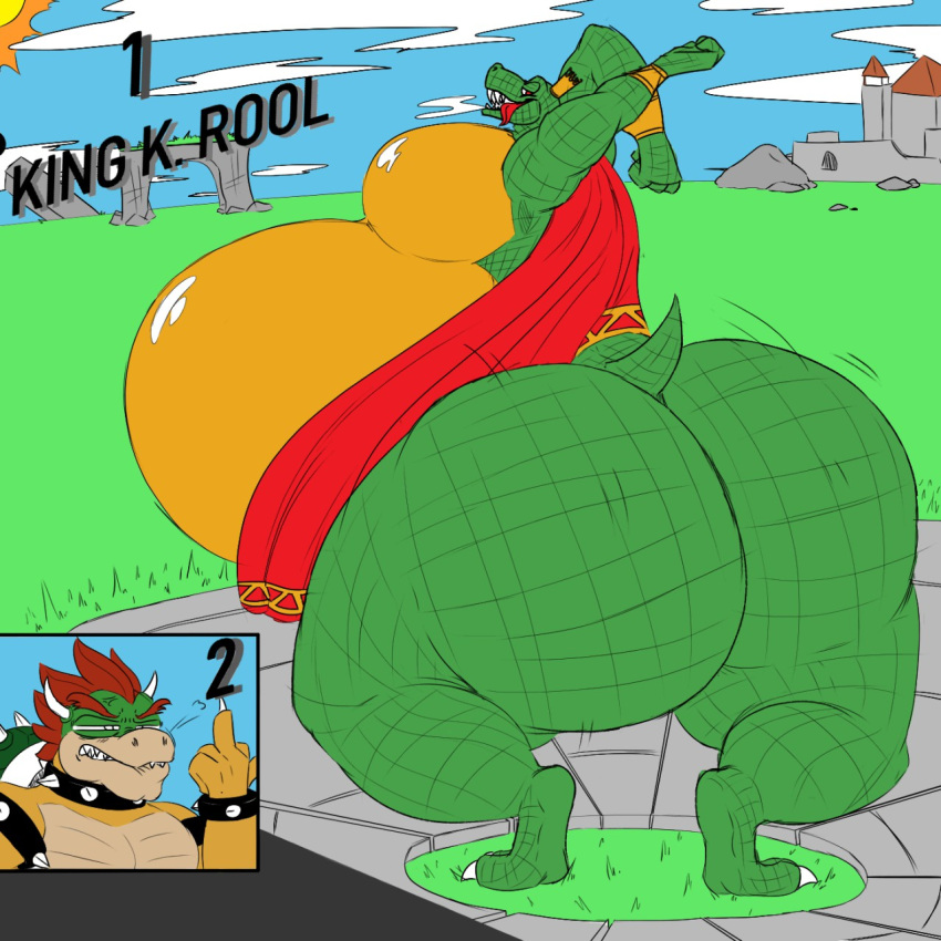 1:1 2018 3_toes 4_fingers 5_fingers angry anthro armband bedroom_eyes belly biceps big_belly big_butt big_pecs biped bite biting_lip biting_own_lip bowser bracelet butt butt_pose cape cape_only character_name claws clothing collar colored crocodile crocodilian crocodylid cross-popping_vein crown day detailed_background digital_media_(artwork) donkey_kong_(series) duo embarrassed fangs feet finger_claws fingers flat_colors gesture green_body green_scales hair hi_res horn huge_butt huge_thighs hyper hyper_belly hyper_butt hyper_thighs jewelry king_k._rool koopa kremling looking_at_viewer looking_back looking_back_at_viewer male mario_bros middle_finger morbidly_obese morbidly_obese_anthro morbidly_obese_male mostly_nude motion_lines multicolored_body multicolored_scales musclegut muscular muscular_anthro muscular_male narrowed_eyes nintendo obese obese_anthro obese_male open_mouth open_smile outside overweight overweight_anthro overweight_male peashooter_(artist) pecs plantigrade pose presenting presenting_hindquarters rear_view red_eyes red_hair reptile scales scalie seductive self_bite shaking_butt sharp_teeth shell sky smile solo_focus spiked_armband spiked_bracelet spiked_collar spiked_shell spikes spikes_(anatomy) sun super_smash_bros. super_smash_bros._ultimate tan_body tan_scales teasing teeth the-anonymous88 thick_thighs toe_claws toes tongue tongue_out twerking video_games white_claws wide_hips yellow_body yellow_scales