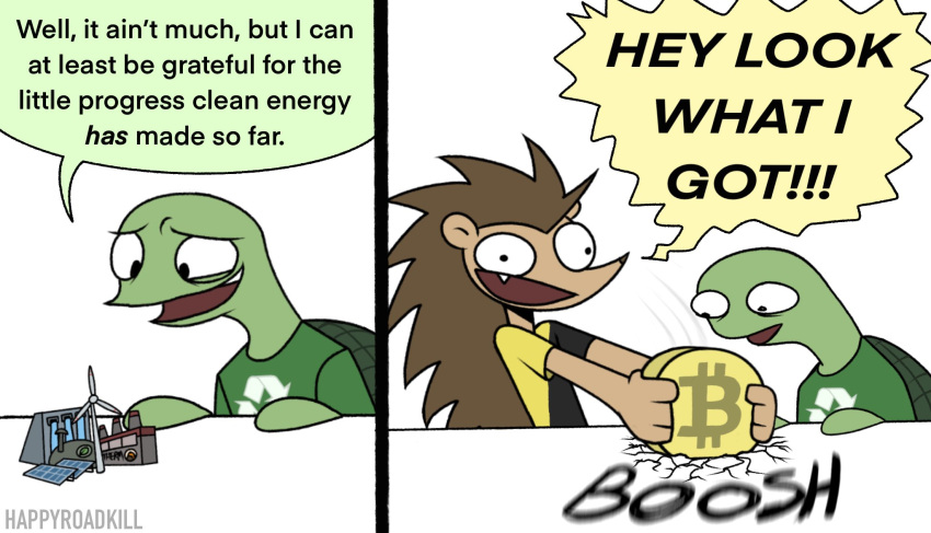 2021 anthro bitcoin clothed clothing comic cryptocurrency dialogue duo english_text happyroadkill hi_res holding_object humor libertarian_porcupine male mammal motion_lines political_cartoon politics porcupine reptile rodent scalie shirt solar_panels sound_effects t-shirt text topwear turtle wind_turbine yelling