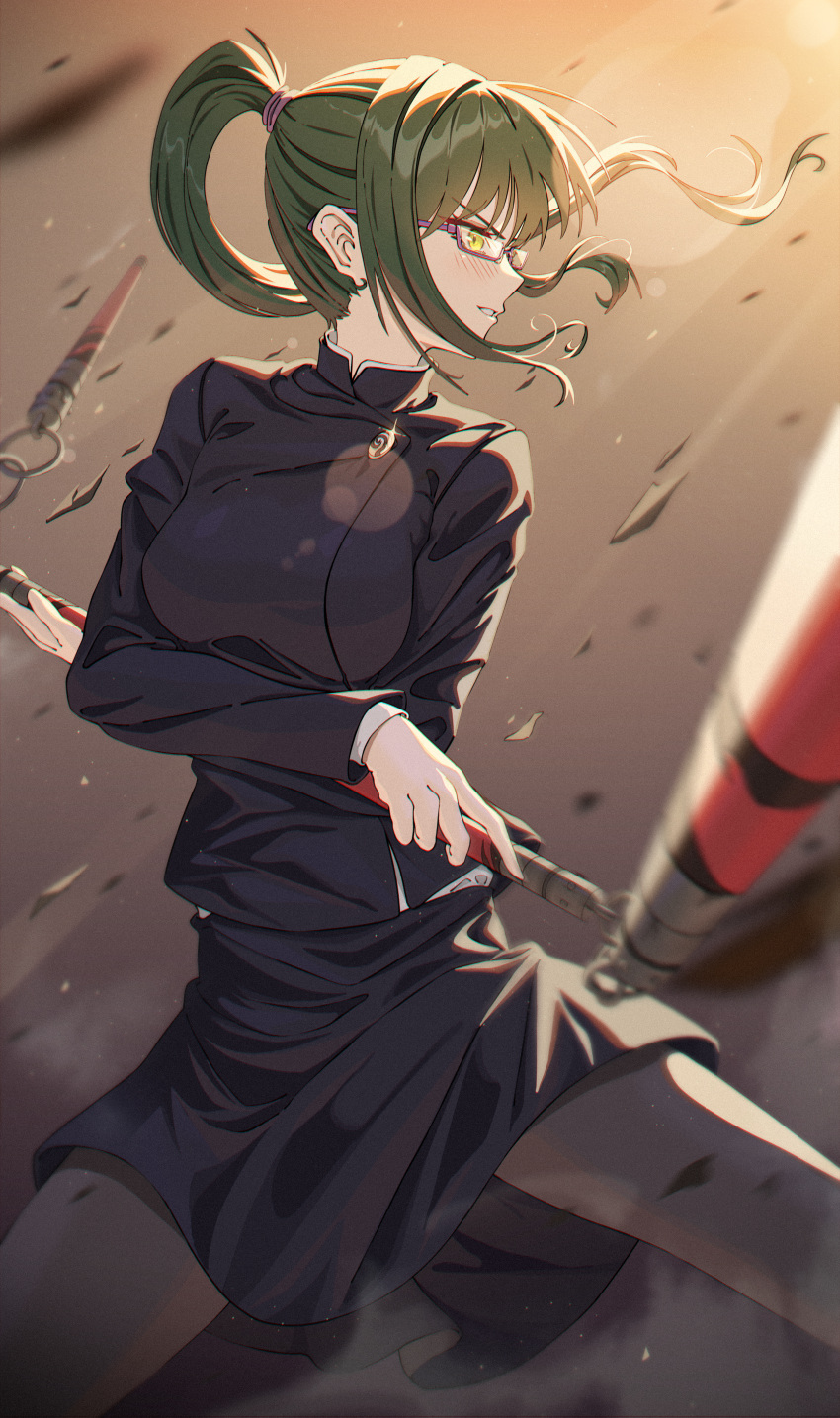 1girl absurdres bangs black_jacket black_legwear black_skirt blush breasts cowboy_shot debris fighting_stance glasses green_hair high_ponytail highres holding holding_staff holding_weapon huge_filesize hyunwoo jacket jujutsu_kaisen long_hair long_sleeves looking_away medium_breasts pantyhose parted_lips ponytail profile school_uniform skirt smile staff standing three_section_staff weapon yellow_eyes zen'in_maki