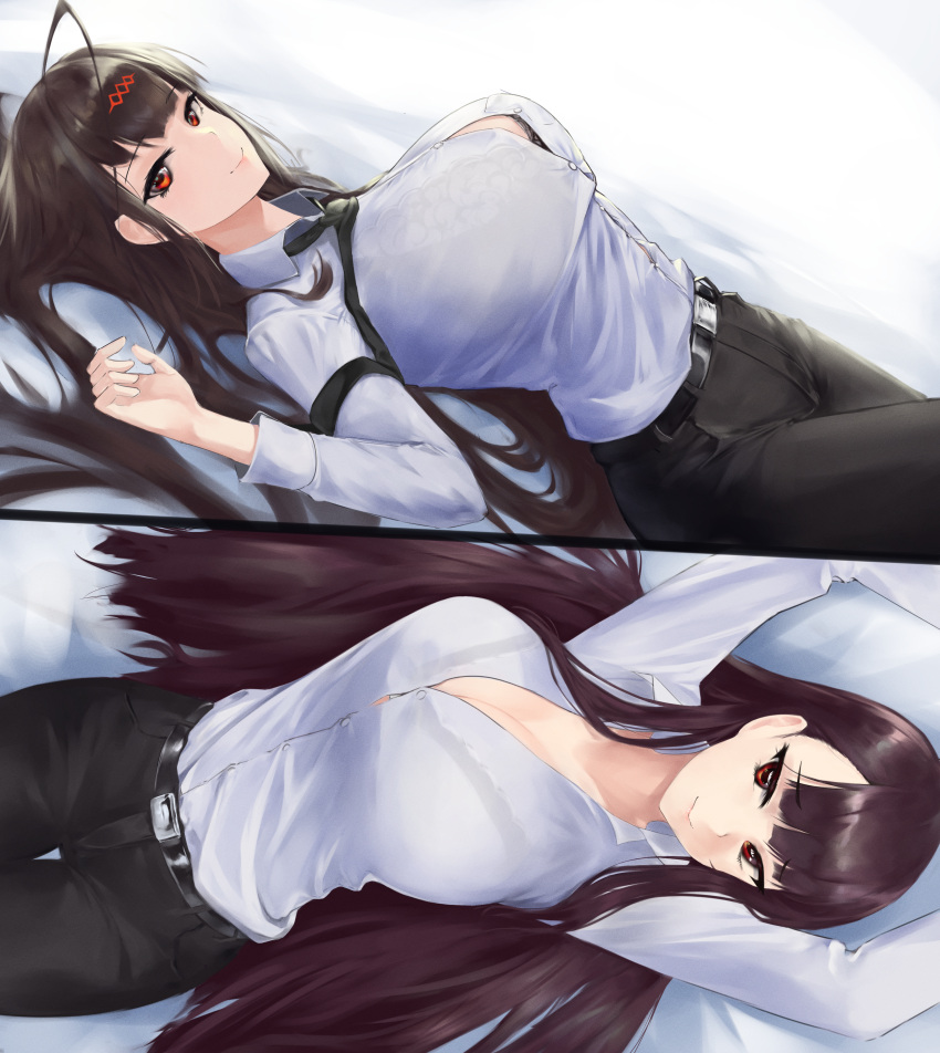 2girls absurdres bangs bed_sheet belt black_belt black_neckwear black_pants bra bra_through_clothes breasts brown_hair closed_mouth collared_shirt dress_shirt dsr-50_(girls_frontline) eyebrows_visible_through_hair girls_frontline highres huge_breasts huge_filesize lace-trimmed_bra lace_trim large_breasts long_hair looking_at_viewer lying marrrrrr medium_breasts multiple_girls necktie on_back pants purple_hair red_eyes shirt simple_background smile underwear very_long_hair wa2000_(girls_frontline) white_shirt