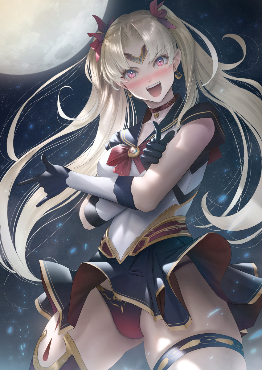 1girl bangs bare_shoulders bishoujo_senshi_sailor_moon blonde_hair blue_sailor_collar blush breasts choker circlet cosplay elbow_gloves ereshkigal_(fate) fate/grand_order fate_(series) full_moon gloves highres imizu_(nitro_unknown) large_breasts long_hair looking_at_viewer moon night night_sky open_mouth parted_bangs red_choker red_eyes sailor_collar sailor_moon sailor_moon_(cosplay) sailor_senshi_uniform sky smile thighs two_side_up