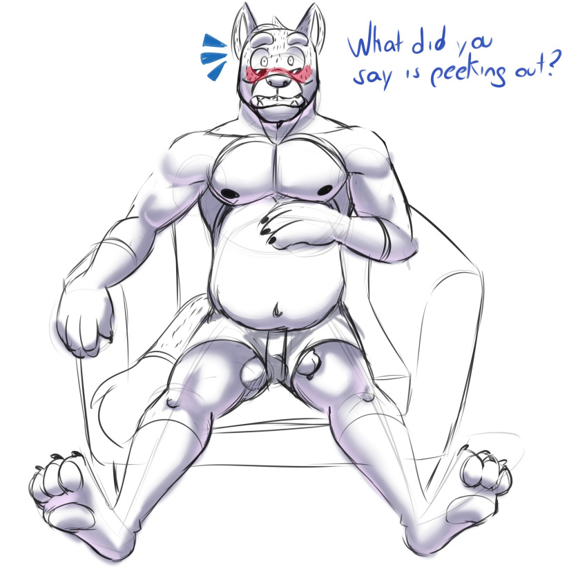 1:1 3_toes anthro australian_cattle_dog balls bandit_(bluey) bluey_(show) blush canid canine canis cattledog charlieleobo clothed clothing dialogue domestic_dog feet fingers fur genitals herding_dog hi_res humanoid_genitalia humanoid_penis looking_at_viewer male mammal nipples open_mouth pastoral_dog paws peeking penis shaded simple_background simple_shading sketch solo toes