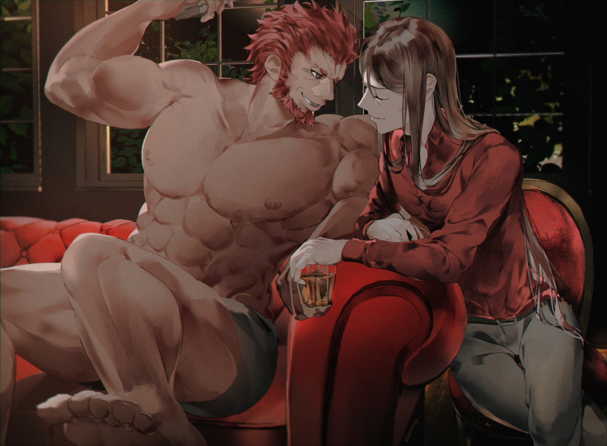 2boys abs beard biceps bishounen black_hair black_male_underwear boxers convenient_leg couch dark_skin dark_skinned_male facial_hair fate/grand_order fate_(series) feet flexing highres iskandar_(fate) large_pectorals long_hair looking_at_another lord_el-melloi_ii male_focus male_underwear mature_male multiple_boys muscular muscular_male nipples on_couch pectorals pose red_eyes red_hair red_shirt shirt short_hair sizuokachp smile stomach underwear underwear_only waver_velvet