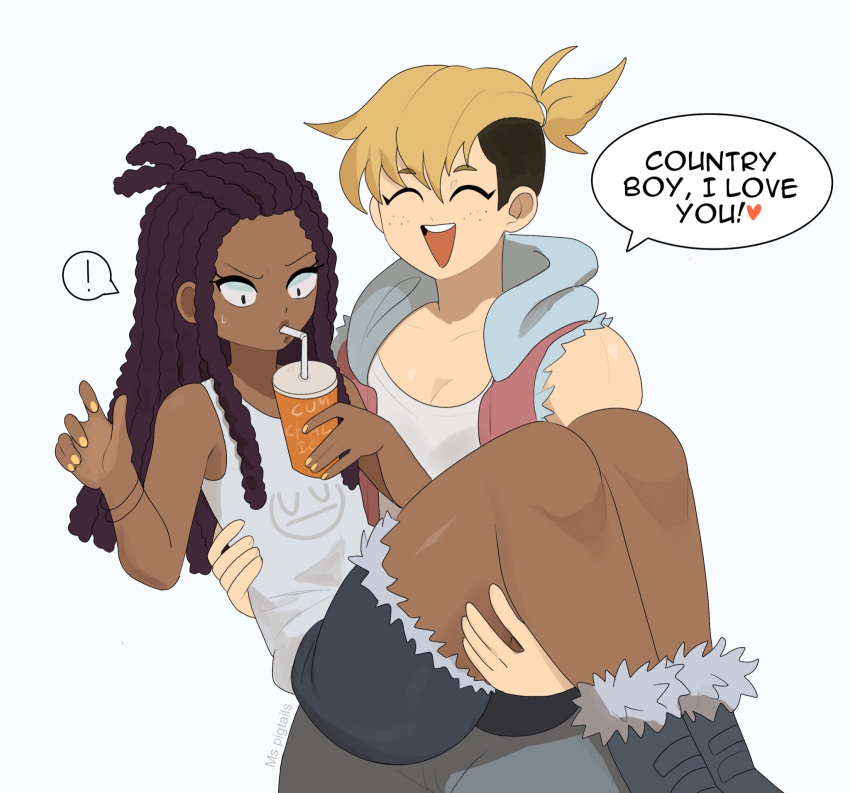 ! 1boy 1girl black_hair black_shorts blonde_hair carrying closed_eyes cowboy_shot cup dark_skin dark_skinned_male drinking english_commentary freckles grey_tank_top hand_up heart highres long_hair ms_pigtails open_mouth original otoko_no_ko ponytail princess_carry shorts simple_background smile spoken_exclamation_mark tank_top tomboy white_background yellow_nails