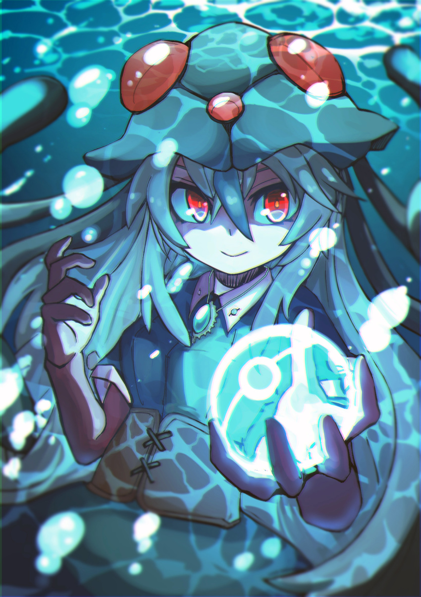 1girl air_bubble bangs blonde_hair blue_dress blurry bubble closed_mouth collared_dress commentary_request dress eyelashes gen_1_pokemon glowing hair_between_eyes hands_up highres holding jewelry long_hair necklace personification poke_ball pokemon red_eyes short_sleeves sideways_glance smile solo tentacles tentacruel underwater yottur