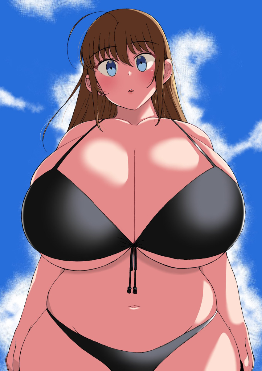 1girl ahoge bikini black_bikini blue_eyes breasts brown_hair cleavage cloud eyebrows_visible_through_hair highres huge_breasts komusou_(jinrikisha) long_hair looking_at_viewer navel ooba_minori original plump sky solo string_bikini_top swimsuit wide_hips