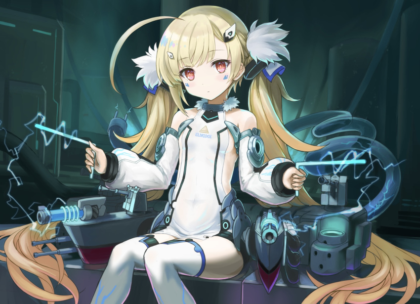 1girl ahoge azur_lane bangs blonde_hair commentary_request detached_sleeves dress dual_wielding eldridge_(azur_lane) eyebrows_visible_through_hair facial_mark fur hair_ornament hairclip highres holding long_hair looking_at_viewer machinery pole red_eyes sidelocks sitting solo thighhighs tokisaka_ena turret twintails white_dress white_legwear zettai_ryouiki