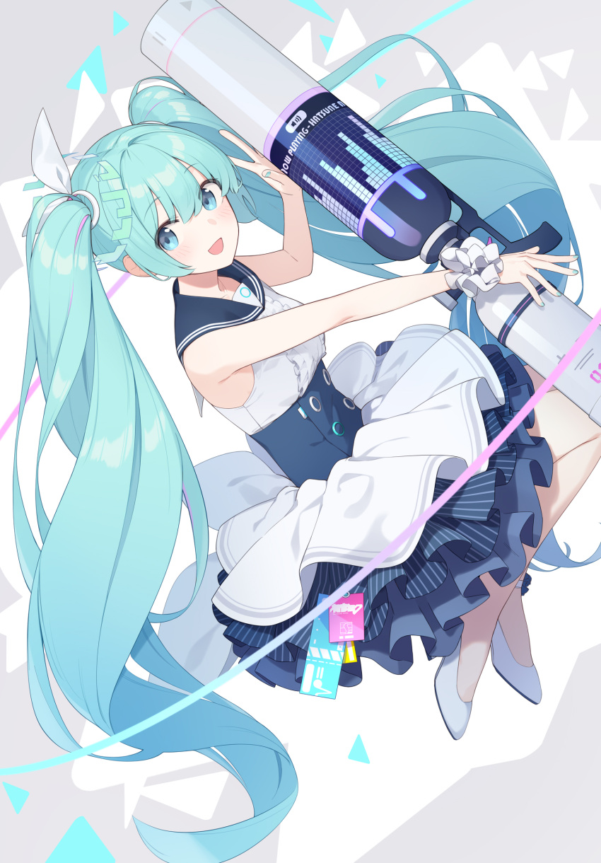 1girl :d audio_visualizer bangs blue_archive blue_eyes blue_hair blue_nails blue_sailor_collar blue_skirt bow buttons center_frills commentary double-breasted english_commentary enosan frilled_skirt frills full_body hair_bow hatsune_miku high-waist_skirt high_heels highres holding holding_weapon layered_skirt long_hair looking_at_viewer sailor_collar scrunchie shirt sidelocks skirt sleeveless sleeveless_shirt smile solo speaker twintails very_long_hair vocaloid volume_symbol weapon white_footwear white_scrunchie white_shirt white_skirt wrist_scrunchie