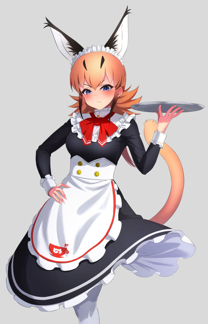 1girl absurdres alternate_costume apron black_dress blue_eyes blush bow bowtie caracal_(kemono_friends) caracal_ears caracal_girl caracal_tail coat collar cowboy_shot deku_suke dress enmaided extra_ears eyebrows_visible_through_hair frilled_collar frilled_cuffs frills hand_on_hip highres kemono_friends kemono_friends_3 light_brown_hair long_dress long_hair long_sleeves looking_at_viewer maid maid_apron maid_headdress official_alternate_costume pantyhose red_neckwear solo tray white_coat white_legwear