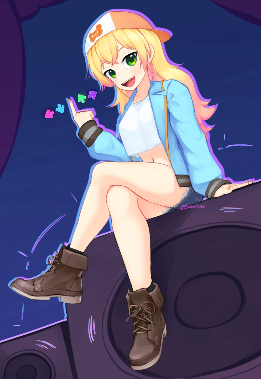 1girl :d absurdres ankle_boots arm_support arrow_(symbol) baseball_cap blonde_hair blue_jacket blue_shorts boots cropped_shirt crossed_legs dutch_angle fingernails fold-over_boots friday_night_funkin' gradient_hair green_eyes hat highres hololive index_finger_raised jacket looking_at_viewer momosuzu_nene multicolored_hair nail_polish navel open_mouth orange_nails shirt short_shorts shorts sideways_hat smile solo white_shirt yoako