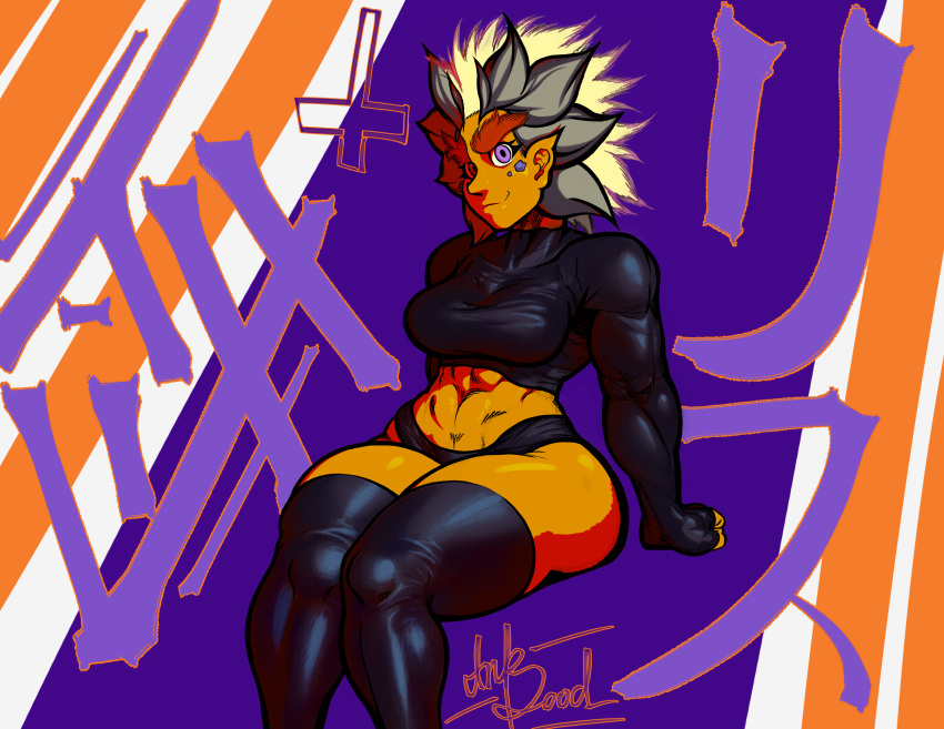 abs absurd_res blonde_hair breasts butt butt_squish clothed clothing demon english_text eyebrows female grey_hair hair hi_res humanoid imp ink-dood japanese_text latex_clothing latex_stockings legwear lith_(ink-dood) muscular not_furry orange_body orange_skin red_eyebrows sitting solo spiky_hair squish text thick_eyebrows thick_thighs thigh_highs thigh_squish