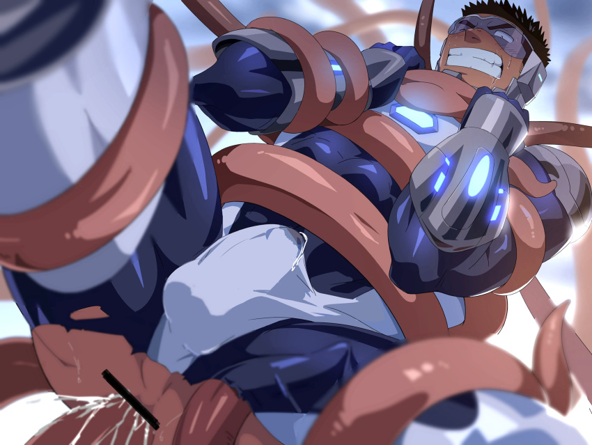 1boy anal bar_censor bara blue_bodysuit bodysuit bound bound_legs bulge censored covered_abs cum cum_in_clothes cum_through_clothes erection erection_under_clothes feet_out_of_frame from_below highres male_focus muscular muscular_male original overflow ruizu_(takakisan503) short_hair skin_tight solo spread_legs tentacle_sex tentacles tentacles_on_male tentacles_under_clothes thick_thighs thighs torn_bodysuit torn_clothes