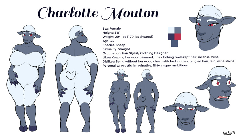 absurd_res anthro badroy big_breasts big_butt bovid breasts butt caprine charlotte_mouton cloven_hooves english_text female frown fur genitals grey_body hair hi_res hooves mammal model_sheet pussy red_eyes shaved sheep shocked smile solo standing text white_hair wool_(fur)