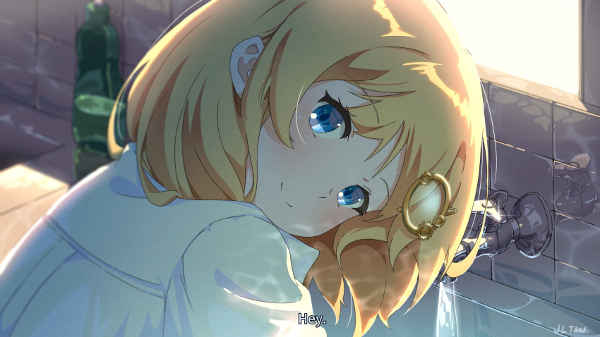 1girl bangs blonde_hair blue_eyes blush commentary_request english_text eyebrows_visible_through_hair faucet hair_ornament highres hololive hololive_english jl_tan long_sleeves looking_at_viewer monocle_hair_ornament shirt sink sky smile solo virtual_youtuber water watson_amelia white_shirt