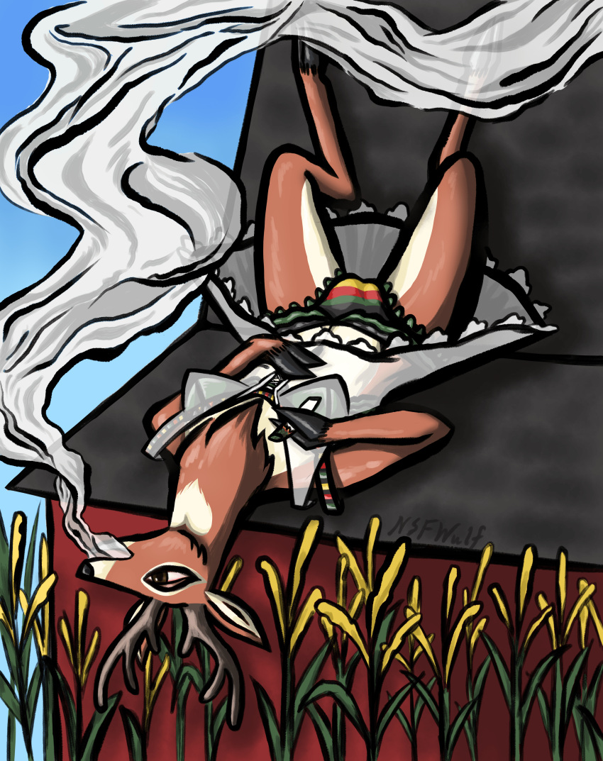 absurd_res anthro antlers barn blue_sky boho_style bulge capreoline cervid clothed clothing cornfield cornstalks dress drugs farm genital_outline gynomorph hi_res hooves horn intersex lace_bra lace_panties lingerie lying mammal marijuana nsfwulf on_back penis_outline relaxing roof rooftop sky smoke smoking smoking_weed solo trans_(lore) trans_woman_(lore) translucent translucent_clothing translucent_dress upside_down upskirt white-tailed_deer white_clothing white_dress