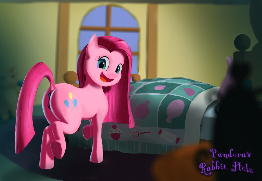 animal_genitalia animal_pussy bed butt equine_pussy female feral friendship_is_magic furniture genitals hasbro hi_res hooves looking_at_viewer my_little_pony pandora'srabbithole pinkamena_(mlp) pinkie_pie_(mlp) presenting presenting_hindquarters pussy smile solo underhoof