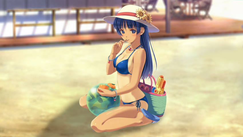 beach bikini blue_eyes blue_hair breasts cleavage erect_nipples koutaro nijiiro_zakura original summer swimsuit third-party_edit