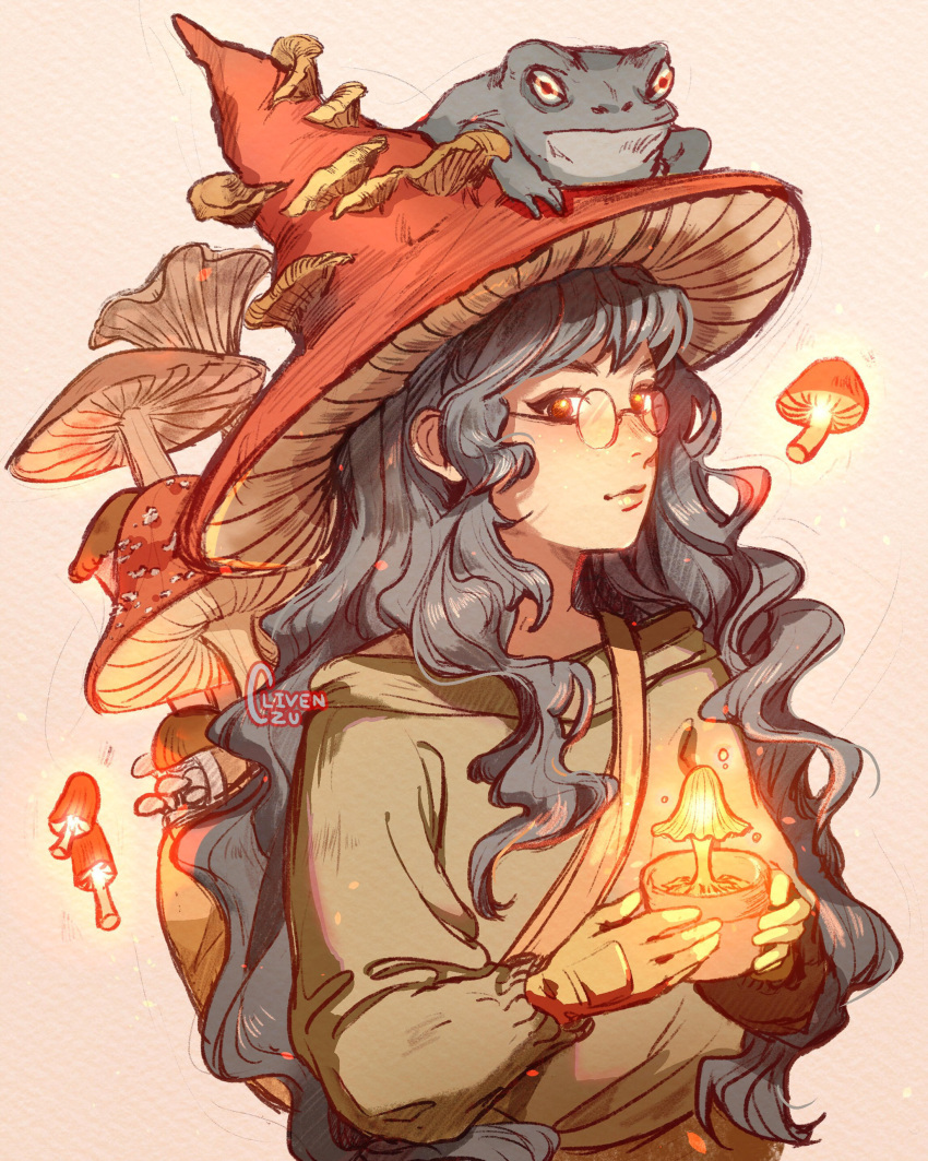 1girl absurdres artist_name bangs black_hair clivenzu familiar frog frog_on_head glasses gloves glowing hat highres holding long_hair long_sleeves looking_at_viewer mushroom original smile solo wavy_hair witch witch_hat