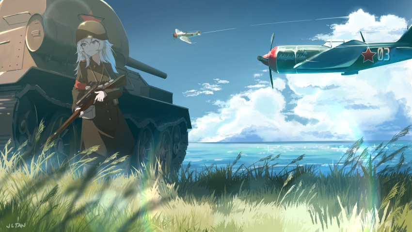 1girl absurdres aircraft airplane cloud english_commentary english_text eyebrows_visible_through_hair ground_vehicle helmet highres holding holding_weapon hololive jl_tan military military_uniform military_vehicle motor_vehicle shishiro_botan tank uniform vehicle_request virtual_youtuber water weapon weapon_request