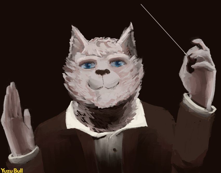 anthro black_tie_(suit) blue_eyes bodily_fluids clothing conductor fur hi_res looking_at_viewer male musician painting smile solo suit tears white_body white_fur yuzubull