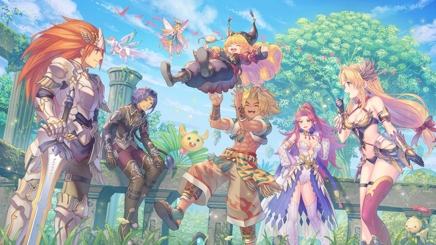 3boys 4girls angela_(seiken_densetsu_3) charlotte_(seiken_densetsu_3) dragon duran_(seiken_densetsu_3) faerie_(seiken_densetsu_3) hawkeye_(seiken_densetsu_3) highres kevin_(seiken_densetsu_3) multiple_boys multiple_girls official_art rabite riesz seiken_densetsu seiken_densetsu_3