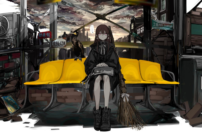 ... 1girl air_conditioner animal_request bag bag_on_lap bench black_coat black_shirt boots broom brown_hair cloud cloudy_sky coat collared_shirt commentary_request dress_shirt expressionless full_body highres long_hair narue neck_ribbon original outdoors purple_eyes ribbon shirt shoulder_bag sitting sky skyline solo train_station_platform white_neckwear white_ribbon