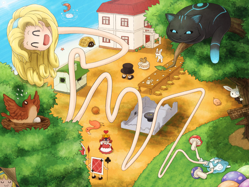 alice_(wonderland) alice_in_wonderland animal bird blonde_hair building cape cat cat_smile cheshire_cat crown food glasses hat headband long_hair mouse queen_of_hearts rabbit red_hair shirosato tree turtle water white_rabbit