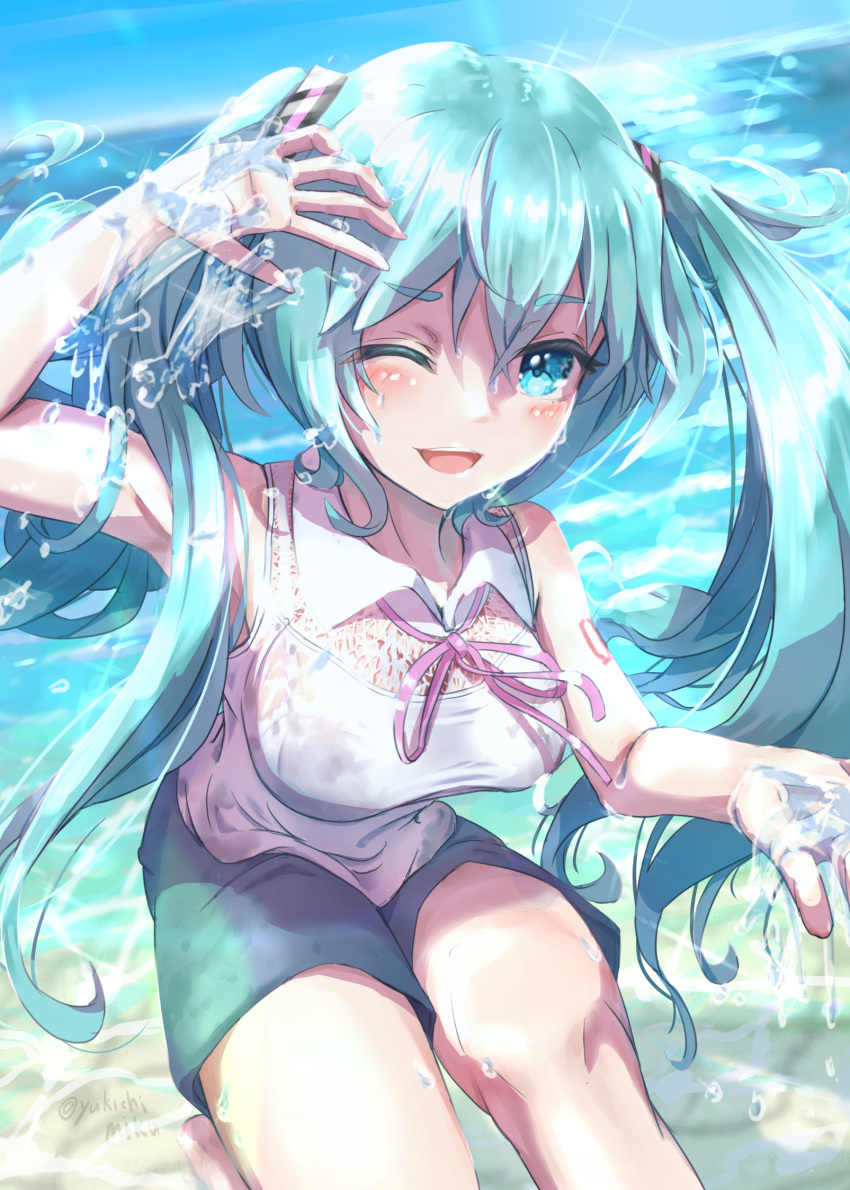 1girl aqua_eyes aqua_hair blocking blue_shorts blush breasts commentary day dutch_angle hair_ornament hatsune_miku highres holding_water lace long_hair looking_at_viewer medium_breasts ocean one_eye_closed open_mouth outdoors shirt shorts shoulder_tattoo sleeveless sleeveless_shirt smile solo sparkle splashing standing standing_on_liquid tattoo twintails very_long_hair vocaloid wading wet wet_clothes white_shirt yu-ame