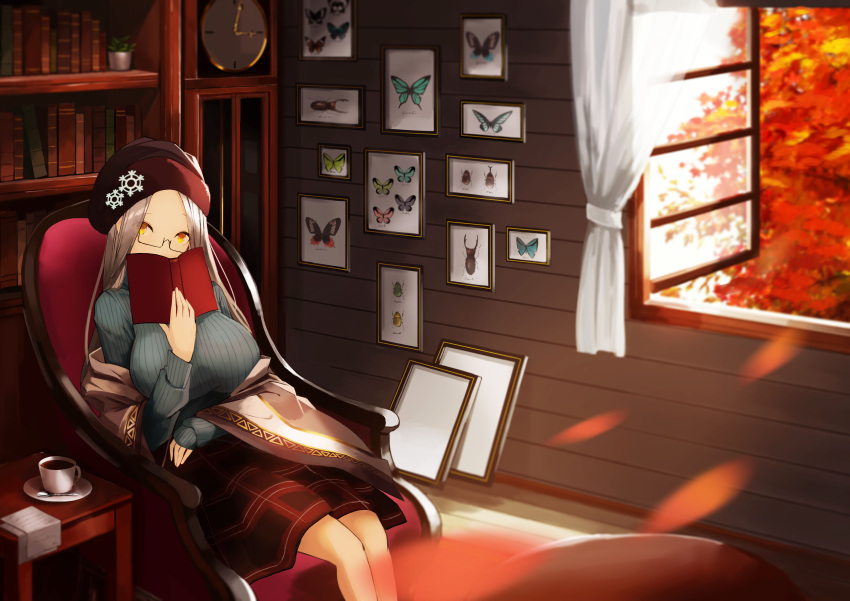 1girl absurdres autumn azur_lane beetle blue_sweater book bookshelf breasts bug clock coffee framed_insect grey-framed_eyewear grey_hair highres indoors insect large_breasts long_hair looking_at_viewer namiura official_alternate_costume open_book plaid plaid_skirt ribbed_sweater semi-rimless_eyewear shangri-la_(azur_lane) shangri-la_(the_collector's_paradise)_(azur_lane) shawl sitting skirt snowflake_pin solo sweater turtleneck turtleneck_sweater yellow_eyes