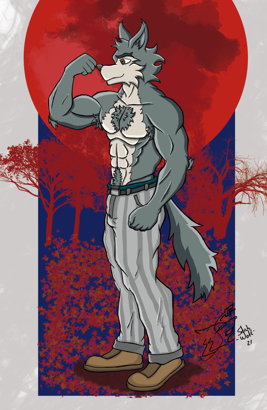 abs absurd_res anthro beastars biceps canid canine canis flexing hi_res intersex intersex/male legoshi_(beastars) lobo_serchwolf male male/male mammal muscular muscular_male shirtless_male solo wolf