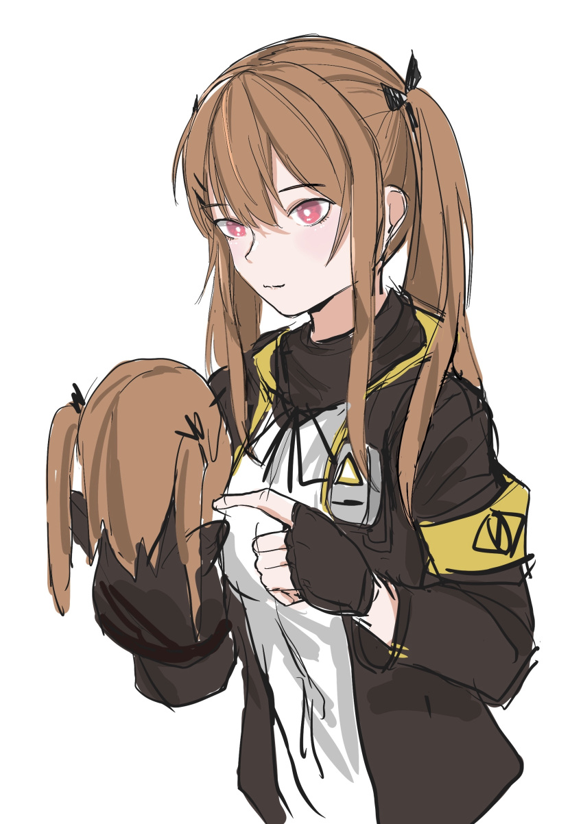 1girl absurdres bangs black_bow black_gloves black_jacket black_scarf bow breasts brown_hair closed_mouth doll eyebrows_visible_through_hair fingerless_gloves fish_dumplings girls_frontline gloves hair_bow highres holding holding_doll jacket long_hair looking_at_viewer open_clothes open_jacket purple_eyes scarf shirt solo twintails ump9_(girls_frontline) walkie-talkie white_background white_shirt
