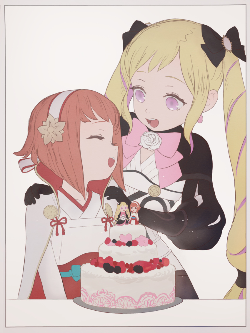 2girls :d black_bow black_gloves blonde_hair bow cake character_doll closed_eyes commentary elise_(fire_emblem) english_commentary fire_emblem fire_emblem_fates food gloves hair_bow hairband hands_on_another's_shoulders highres long_hair multiple_girls open_mouth orange_hair pink_bow pumpkinspicelatte purple_eyes sakura_(fire_emblem) simple_background smile twintails very_long_hair white_background