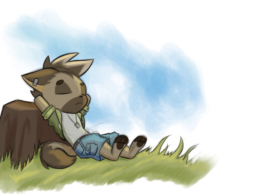 anthro bottomwear brown_body brown_fur calm canid canine canis chibi clothed clothing dog_tags domestic_dog eyeball6300_(chiv) fur german_shepherd grass hands_behind_head herding_dog hi_res male mammal pastoral_dog plant raiu_stormstrong shirt shorts sleeping solo topwear tree_stump