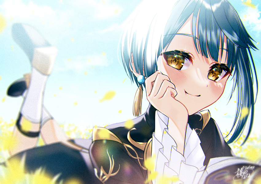 1boy absurdres bangs blue_hair blue_sky blurry blurry_background blush book chinese_clothes cloud cloudy_sky commentary_request day earrings eyebrows_visible_through_hair field flower flower_field frilled_shirt_collar frilled_sleeves frills genshin_impact hand_on_own_cheek hand_on_own_face highres huge_filesize jewelry legs_up long_sleeves looking_at_viewer lying male_focus on_stomach open_book outdoors petals sakurada_nana short_hair single_earring sky smile solo tassel tassel_earrings xingqiu_(genshin_impact) yellow_eyes