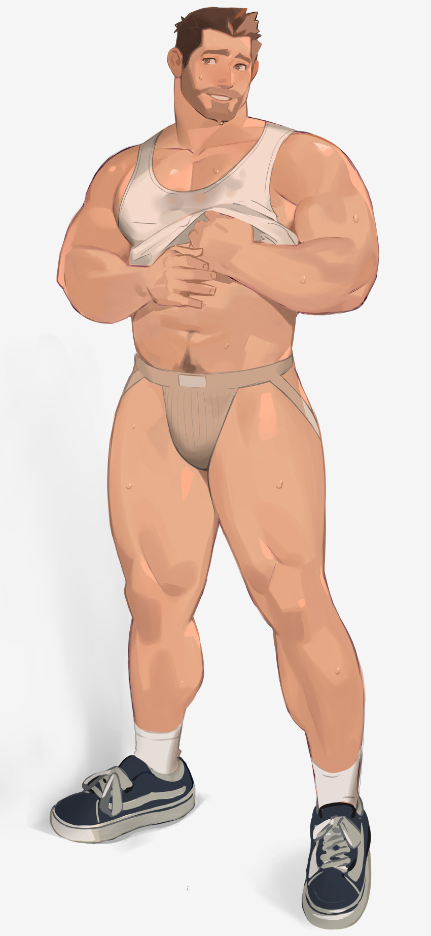 1boy abs absurdres bara bare_shoulders beard brown_hair brown_male_underwear bulge facial_hair full_body highres horikwawataru jockstrap large_pectorals lifted_by_self looking_to_the_side male_cleavage male_focus male_underwear mature_male midriff_peek muscular muscular_male navel navel_hair no_pants original pectorals shirt_lift shoes short_hair sidepec smile sneakers solo stomach sweatdrop tank_top thick_thighs thighs underwear white_tank_top