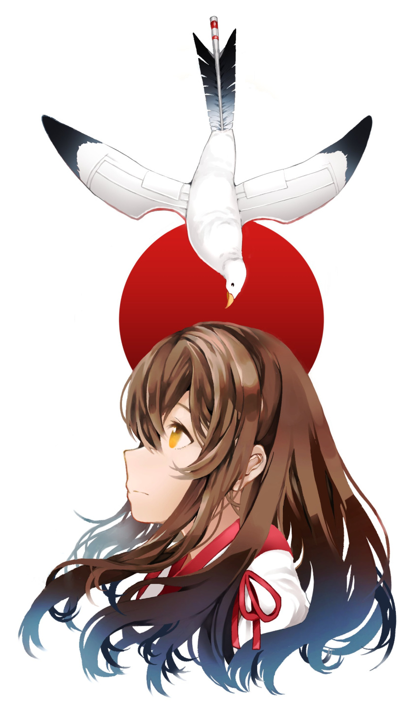 1girl absurdres aircraft akagi_(kancolle) arrow_(projectile) bangs bird brown_hair closed_mouth cropped_shoulders from_side hair_between_eyes highres japanese_clothes jitsukawa_ashi kantai_collection long_hair profile rising_sun simple_background sunburst tasuki two-tone_background yellow_eyes