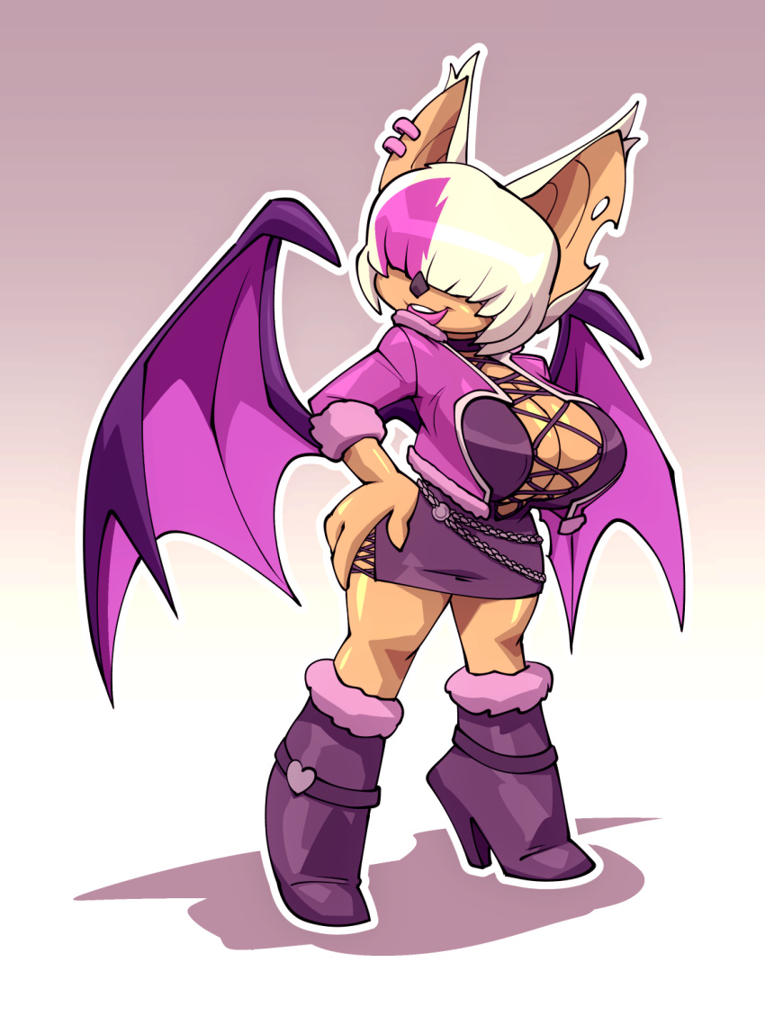 2021 anthro bat_wings big_breasts bigdad boots breasts chiropteran cleavage clothed clothing cosplay crossover crossover_cosplay digital_media_(artwork) ear_piercing female footwear gradient_background hair hair_over_eyes hand_on_hip hi_res high_heeled_boots high_heels highlights_(coloring) hole_in_ear huge_breasts jacket king_of_fighters lipstick makeup mammal membrane_(anatomy) membranous_wings notched_ear piercing rouge_the_bat sega simple_background smile snk solo sonic_the_hedgehog_(series) topwear video_games white_hair wide_hips wings