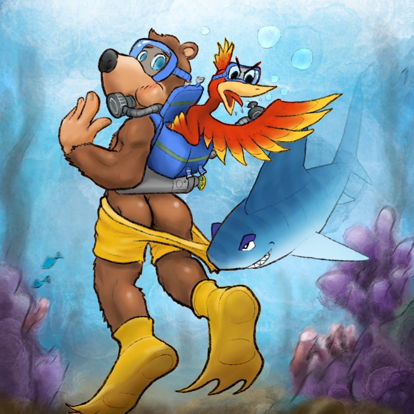 2020 anthro assisted_exposure avian banjo-kazooie banjo_(banjo-kazooie) bird blush butt clothed clothing female fish group hi_res kazooie male male_focus mammal marine pantsing partially_clothed rareware screwbulb scuba shark snacker_the_shark underwater ursid video_games water