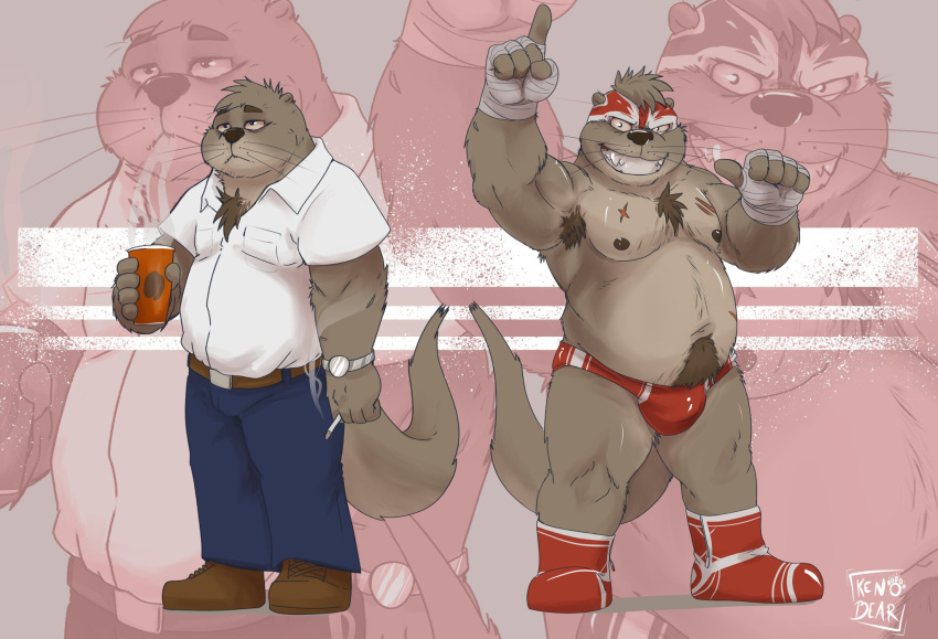 2021 anthro armpit_hair beverage body_hair bottomwear brown_body brown_fur bulge clothing coffee fur hi_res humanoid_hands kenobear lutrine male mammal mustelid overweight overweight_male pants shirt solo tired topwear underwear wrestler