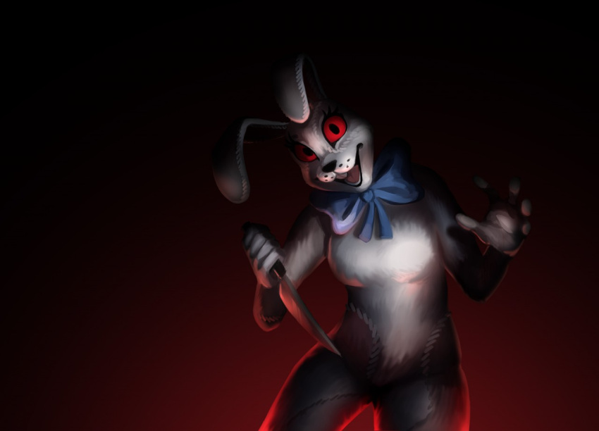 anthro bow_tie breasts cutlery female five_nights_at_freddy's five_nights_at_freddy's:_security_breach kitchen_knife kitchen_utensils knife lagomorph leporid looking_at_viewer mammal rabbit red_sclera solo ss0v3l teeth tools vanny_(fnaf) video_games white_body