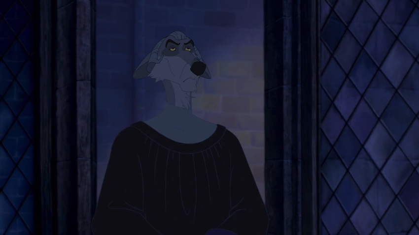 2021 anthro anthrofied black_nose canid canine canis cheek_tuft claude_frollo cloack disney facial_tuft feral fur grey_body grey_fur grey_hair hair hi_res male mammal multicolored_body multicolored_fur neck_tuft solo stained_glass the_hunchback_of_notre_dame tuft two_tone_body two_tone_fur velow window wolf yellow_eyes yellow_sclera