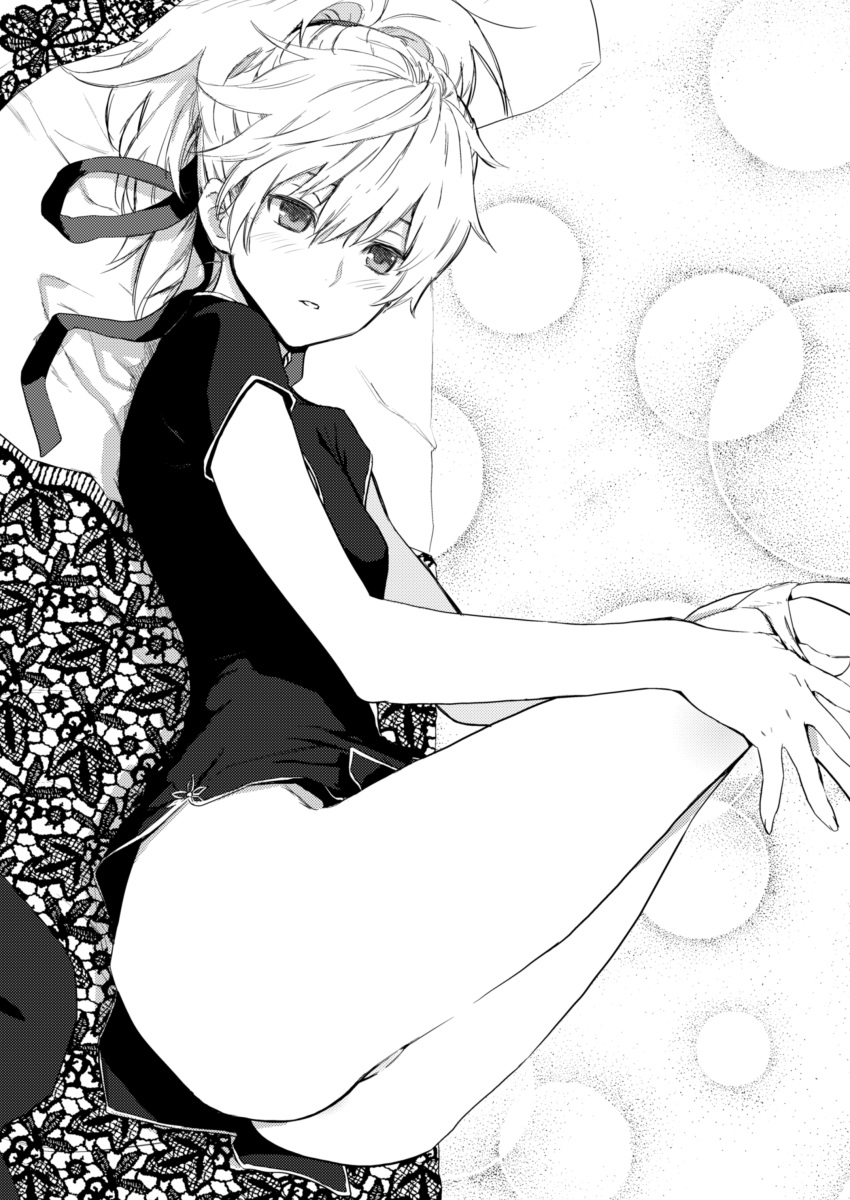 1girl absurdres ass blush breasts darker_than_black dutch_angle greyscale hair_ribbon hands_up highres kawakami_rokkaku looking_at_viewer lying medium_hair monochrome on_back on_bed panties panty_pull parted_lips pillow ponytail ribbon shirt short_sleeves small_breasts solo underwear undressing yin_(darker_than_black)