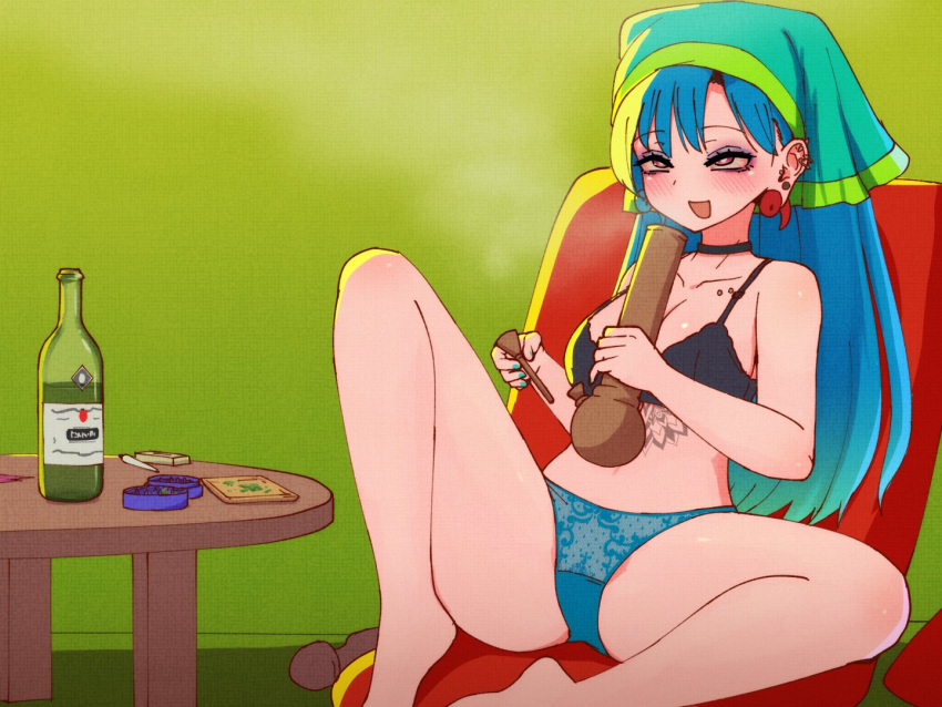 1girl alcohol bangs beer blue_hair blush bong bra breasts coffee_table drugged earrings green_background green_hood haniyasushin_keiki holding jewelry joint_(drug) long_hair marijuana medium_breasts open_mouth panties sitting smoke spread_legs straight_hair touhou underwear underwear_only zakku_(kya--193)