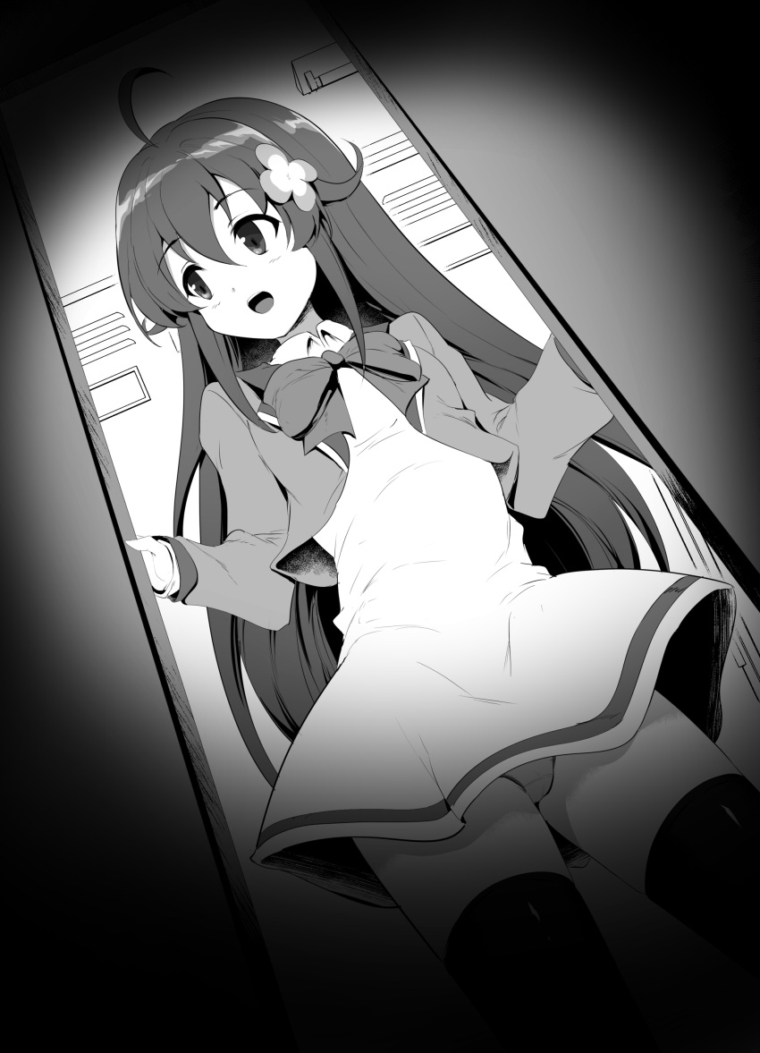 1girl :d absurdres amamiya_mimori bangs blush bow commentary_request dress dutch_angle eyebrows_visible_through_hair flower greyscale hair_between_eyes hair_flower hair_ornament highres jacket locker locker_room long_hair long_sleeves looking_away looking_to_the_side momio monochrome open_clothes open_jacket panties shadowverse_(anime) sleeves_past_wrists smile solo thighhighs underwear very_long_hair